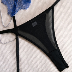 Set lenjerie sexy din dantela cu lanturi decorative, negru/albastru, 4 piese #ZZ4944 - Img 9