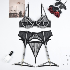 Set lenjerie sexy din dantela fina elastica cu benzi argintii, negru, 4 piese #ZZ4936 - Img 7