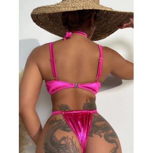 🔥Oferta zilei🔥Costum de baie 3 piese satinat, sutien si choker cu trandafiri decorativi, roz fucsia #ZZ2001 - Img 5