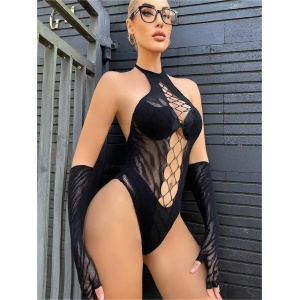 🔥Oferta zilei🔥Set lenjerie intima sexy elastica cu body si manusi, negru, 2 piese #ZZ4509 - Img 11