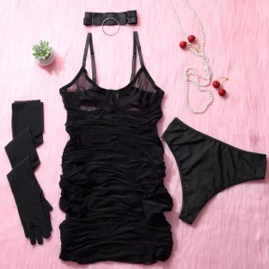 🔥Oferta zilei 🔥Set lenjerie intima sexy cu rochie, chilot, chiker si manusi lungi, negru, 4 piese #ZZ4075 - Img 7