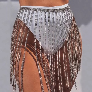 Accesoriu body chain sexy cu cristale pentru talie tip fusta, reglabil, argintiu #ZZ1069