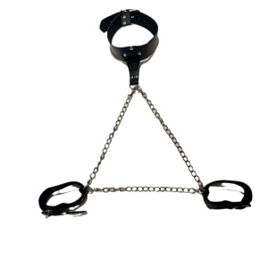Accesoriu sexy tip din piele ecologica si lant, cu zgarda si catuse, negru #ZZ4007 - Img 4