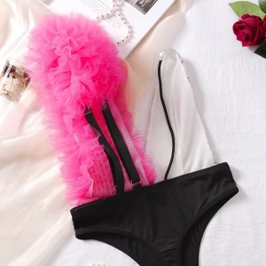 Body sexy cu decolteu adanc, paiete si tul decorativ, negru/ roz/ argintiu, #ZZ4237 - Img 8
