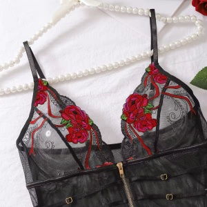 Body sexy din dantela cu broderie florala la cupe si fermoar functional, negru, #ZZ4093 - Img 12