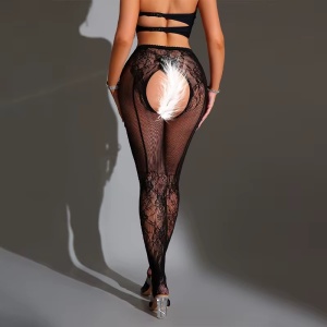 Ciorapi sexy tip dres din plasa fina elastica cu model brodat si decupaj, negru #ZZ4125 - Img 3