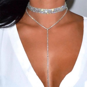 Colier dublu cu cristale transparente, argintiu #ZZ4459