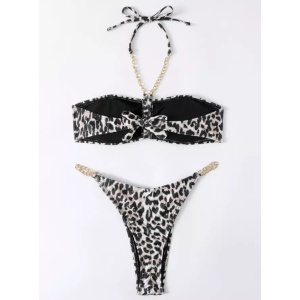 Costum de baie 2 piese animal print, cu lantisoare metalice aurii, negru/maro #ZZ2872 - Img 2