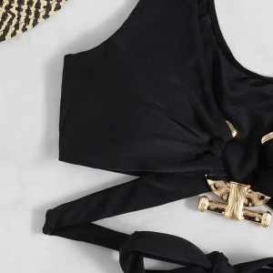 Costum de baie 2 piese cu accesorii metalice aurii, negru #ZZ2045 - Img 4