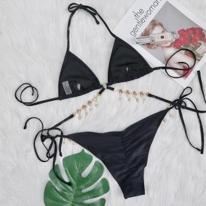 Costum de baie 2 piese cu accesorii metalice decorative, negru #ZZ2723 - Img 7