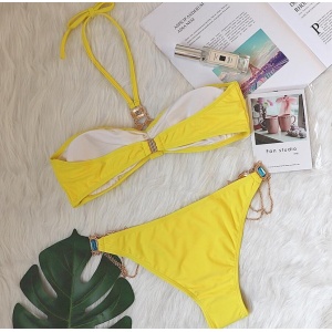 Costum de baie 2 piese cu accesorii metalice si cristale decorative, galben #ZZ2883 - Img 5