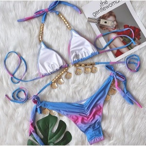 Costum de baie 2 piese cu cristale si scoici decorative, albastru/ roz #ZZ2725 - Img 11