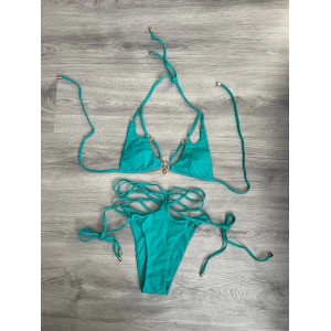 Costum de baie 2 piese cu decupaje la sutien si slip si snururi reglabile, verde #ZZ2126 - Img 4