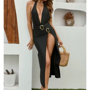 Costum de baie 2 piese cu fusta si catarame aurii decorative, negru #ZZ2140 - Img 3