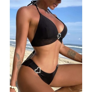 Costum de baie 2 piese cu inimioare decorative, negru #ZZ2903 - Img 2