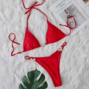 Costum de baie 2 piese cu inimioare metalice și cristale decorative, roșu #ZZ2065 - Img 2