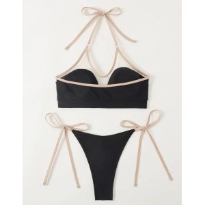 Costum de baie 2 piese cu insertii de tul nude la sutien, slip reglabil, negru #ZZ2809 - Img 2