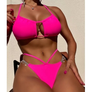 Costum de baie 2 piese cu lantisoare metalice decorative, roz fucsia #ZZ2927