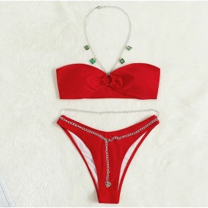 Costum de baie 2 piese cu lantisoare si cristale decorative, rosu #ZZ2755 - Img 2