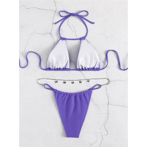 Costum de baie 2 piese cu lantisor decorativ argintiu la slip, mov #ZZ2020 - Img 8