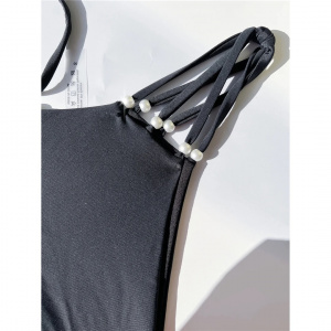 Costum de baie 2 piese cu perle albe decorative, slip tanga, negru #ZZ2093 - Img 6