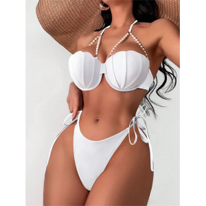 Costum de baie 2 piese cu perle decorative, cupe tari buretate, slip reglabil, alb #ZZ2069