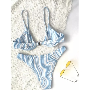 Costum de baie 2 piese cu sarma de sustinere la sutien, alb/bleu #ZZ2815 - Img 6