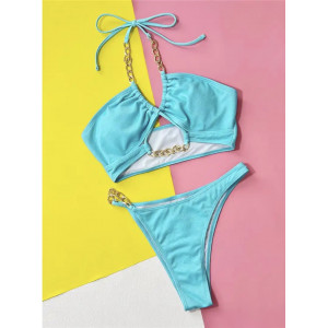 Costum de baie 2 piese cu sclipici discret si lanturi metalice aurii, turcoaz #ZZ2027 - Img 3