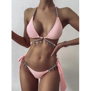 Costum de baie 2 piese cu slip reglabil si cristale decorative, roz #ZZ2833