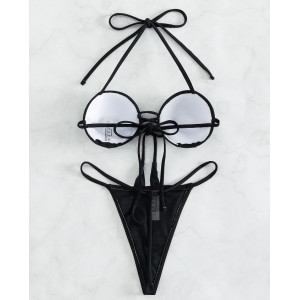 Costum de baie 2 piese cu slip tanga, insertii argintii si snur decorativ, negru #ZZ2044 - Img 4
