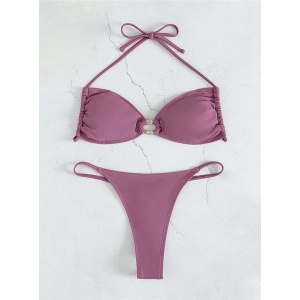 Costum de baie 2 piese cu slip tanga si catarame metalice, roz #ZZ2722 - Img 9