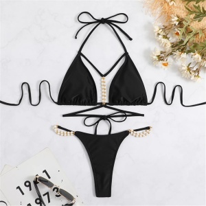 Costum de baie 2 piese cu slip tanga si perle decorative, negru #ZZ2774 - Img 8