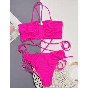 Costum de baie 2 piese cu snururi reglabile pa slip si sutien, roz fucsia #ZZ2799 - Img 7