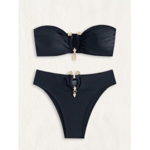 Costum de baie 2 piese cu sutien fără bretele si slip cu talie înaltă, negru #ZZ2102 - Img 4