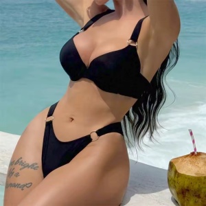 Costum de baie 2 piese, cupe tari buretate si cercuri decorative, negru #ZZ2125