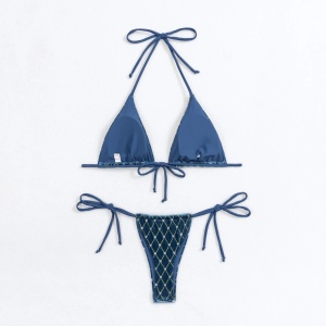 Costum de baie 2 piese din catifea cu sclipici argintiu, slip tanga reglabil, albastru #ZZ2133 - Img 8