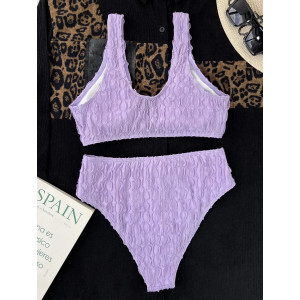 Costum de baie 2 piese din material texturat, slip cu talie inalta, mov/ lila #ZZ2073 - Img 5