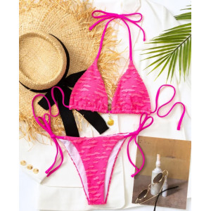Costum de baie 2 piese din material texturat, slip reglabil, roz neon #ZZ2068 - Img 3