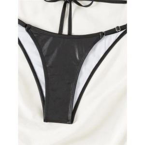 Costum de baie 2 piese lucios, din piele ecologica cu slip reglabil, negru #ZZ2134 - Img 10