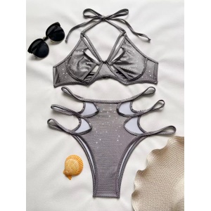 Costum de baie 2 piese metalizat cu decupaje si slip cu talie inalta, argintiu #ZZ2023 - Img 3