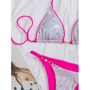 Costum de baie 2 piese metalizat cu insertii roz fucsia si perle decorative, argintiu #ZZ2852 - Img 5