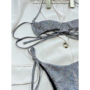 Costum de baie 2 piese metalizat, sitien cu decupaje si slip reglabil, argintiu #ZZ2075 - Img 11