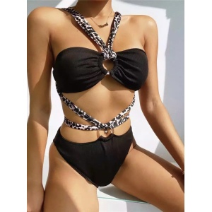 Costum de baie 2 piese reiat, cercuri metalice si snururi decorative, imprimeu leopard, negru #ZZ2719