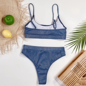 Costum de baie 2 piese reiat, sidefat, slip cu talie inalta, albastru #ZZ2840 - Img 3