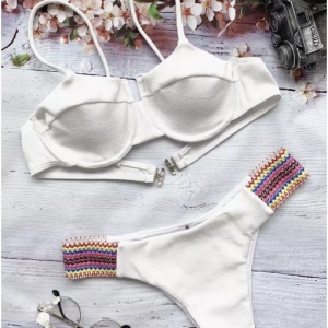 Costum de baie 2 piese reiat, slip cu elastice laterale colorate, alb #ZZ2864 - Img 8