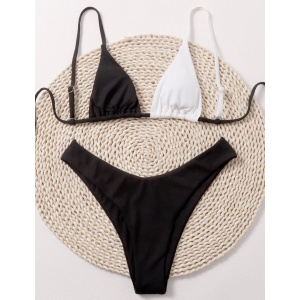 Costum de baie 2 piese reiat, sutien in 2 culori, negru/ alb #ZZ2850 - Img 2