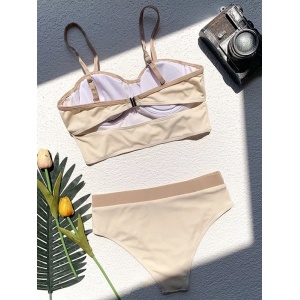 Costum de baie 2 piese reiat, sutien tip bustiera si slip cu talie inalta, bej #ZZ2822 - Img 6