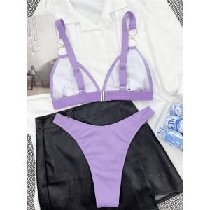 Costum de baie 2 piese ridat cu cercuri metalice decorative, mov #ZZ2904 - Img 4