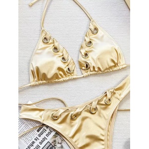 Costum de baie 2 piese satinat cu cercuri metalice si snur decorativ, bej/ auriu #ZZ2058 - Img 6