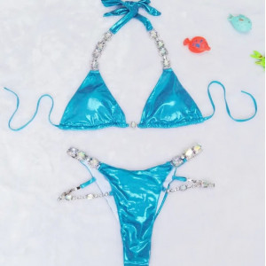Costum de baie 2 piese sidefat cu cristale decorative si slip brazilian, bleu/ turcoaz #ZZ2078